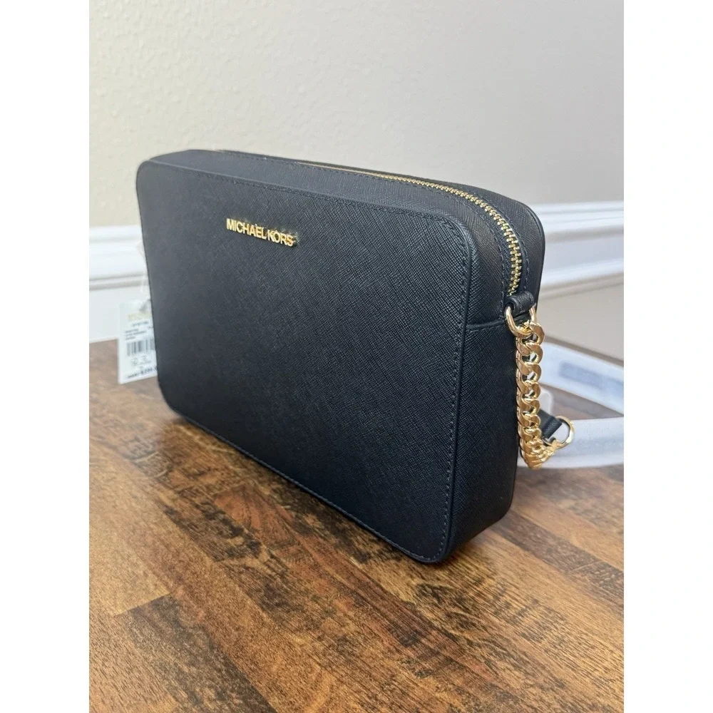 Michael Kors Jet Set Item Large East West Black Gold Crossbody Bag $378